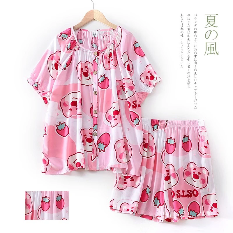 棉绸睡衣女夏季短袖短裤人造棉开门家居服绵绸套装大码时尚网红可