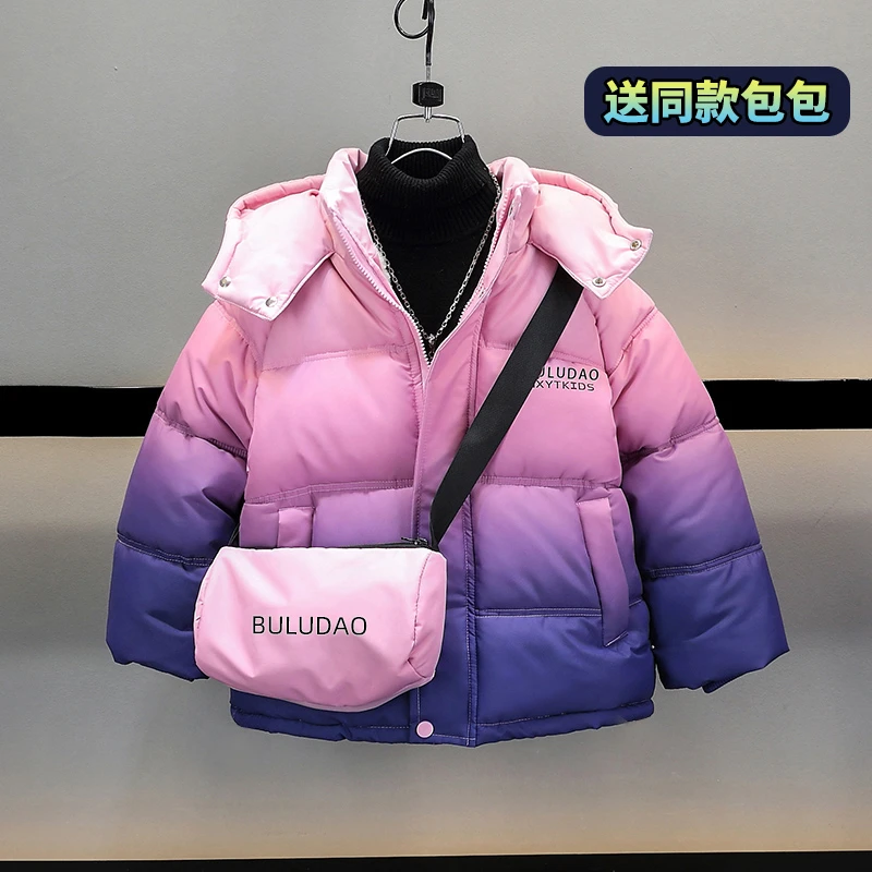 女童加绒加厚棉衣2024新品冬款儿童棉服渐变色冬季加棉棉袄外套潮