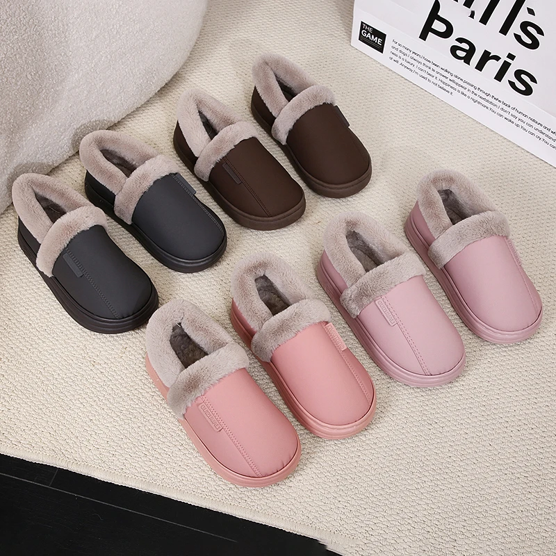 新款冬季加厚包跟皮面棉拖鞋女居家加绒厚底保暖鞋防水防滑