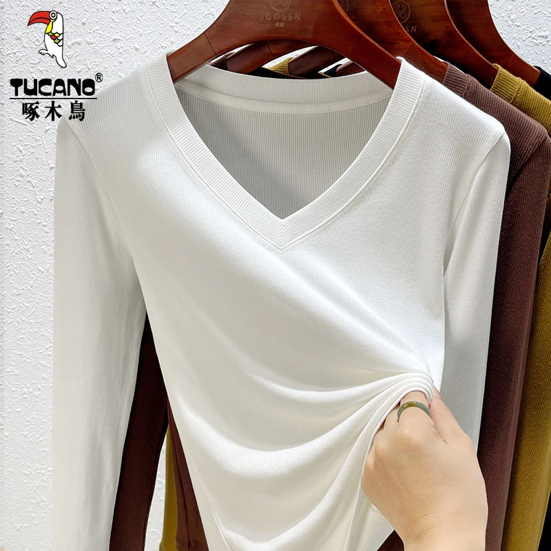 啄木鸟秋冬V领螺纹打底衫女显瘦女内搭长袖t恤新款正肩百搭女上衣