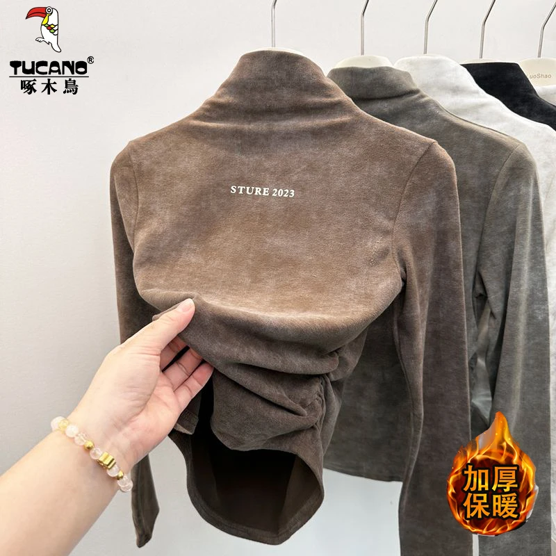 啄木鸟冬季半高领内搭女士扎染显瘦百搭长袖加厚保暖双面德绒上衣