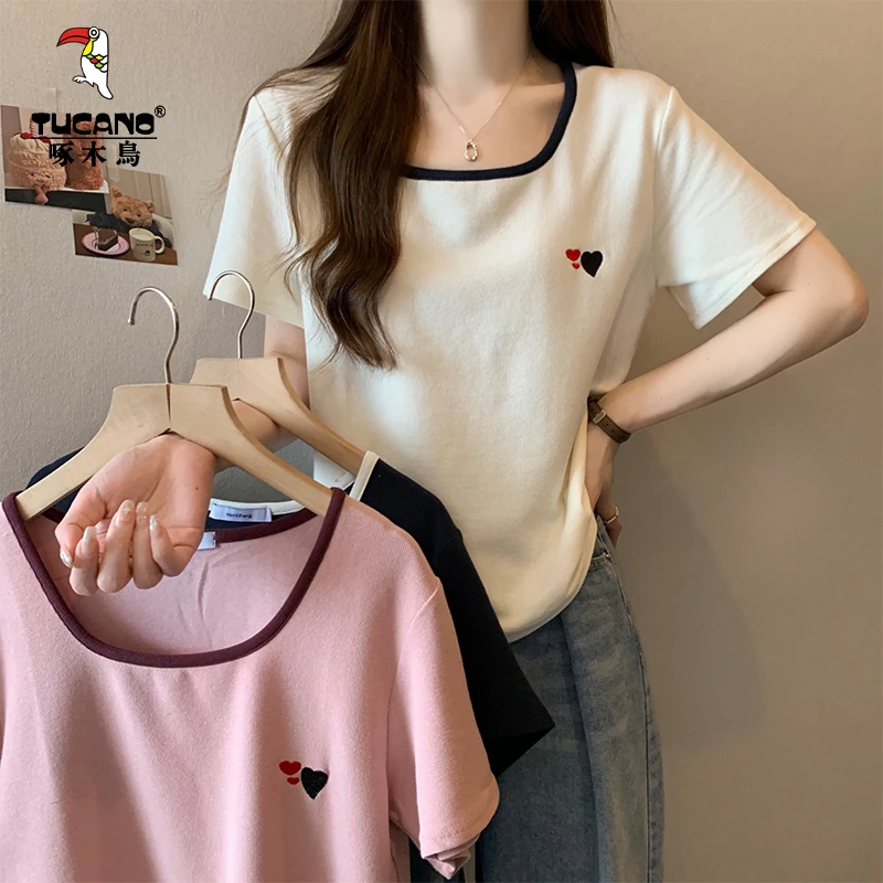 啄木鸟夏季女装宽松显瘦t恤女短袖休闲百搭T恤设计感小众洋气小衫