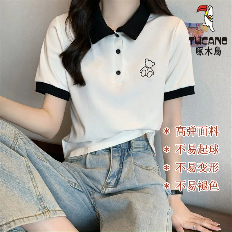 啄木鸟夏季女装夏装女士短袖t恤女圆领宽松polo衫女款上衣女夏季