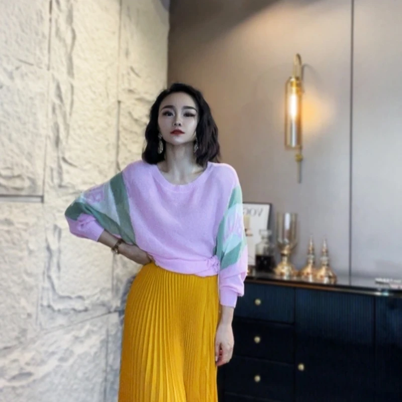 麦子原创设计女装针织衫女圆领宽松T恤长袖气质时尚百搭撞色套头