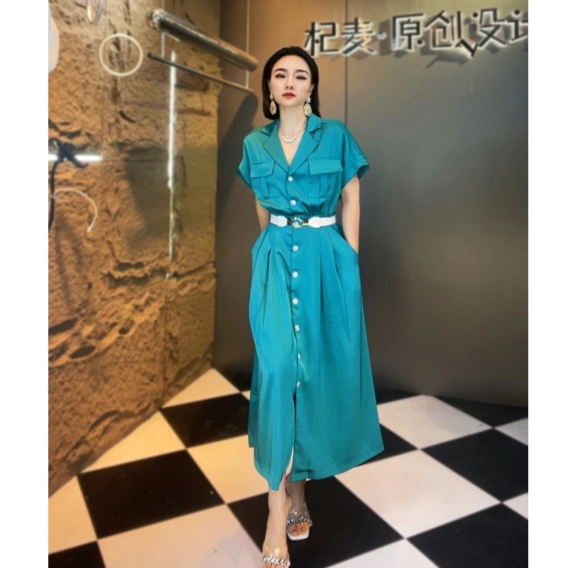 麦子原创设计连衣裙夏新款中长款显瘦气质蓝色轻奢时尚高腰醋酸82