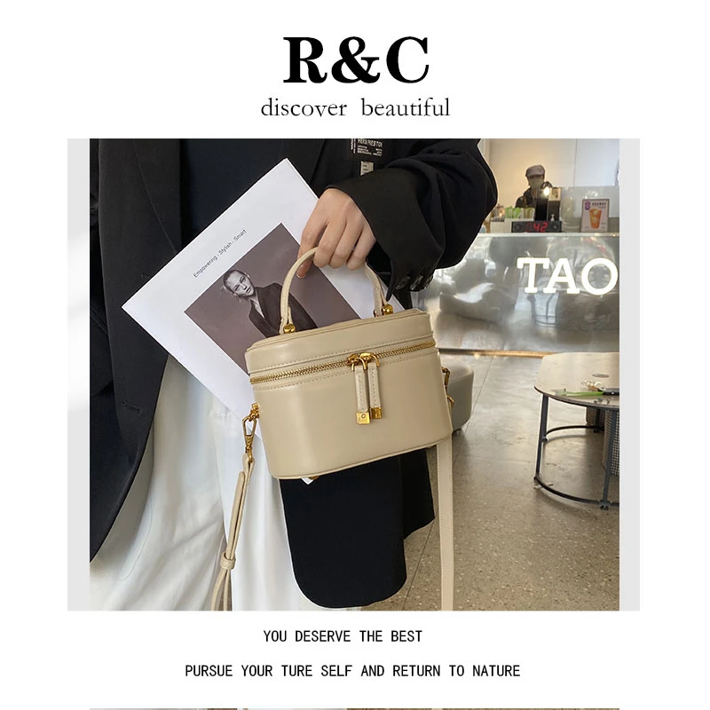 【R&C】化妆盒子包真皮斜挎包高档牛皮女包小众百搭手提包简约圆筒