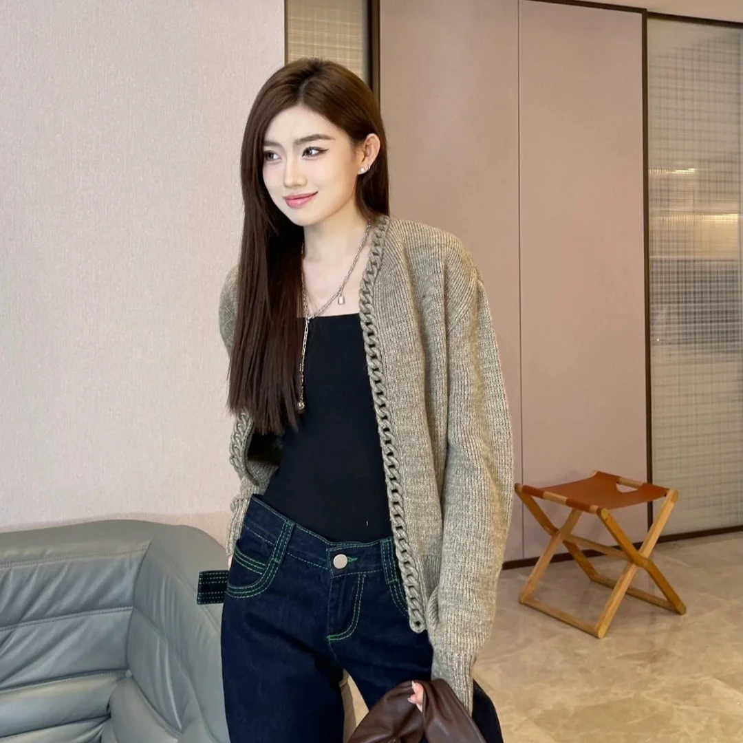 情侣美式毛衣复古重工手工编织链条针织开衫