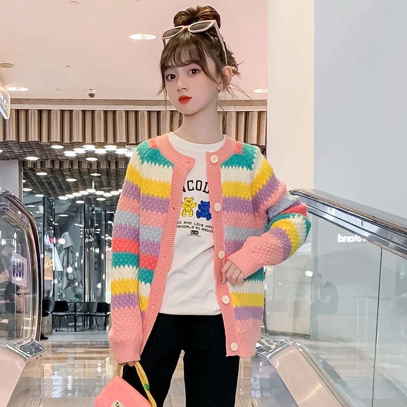 2025秋冬季女童开衫毛衣新款彩虹针织衫中大童宽松大童洋韩版彩色