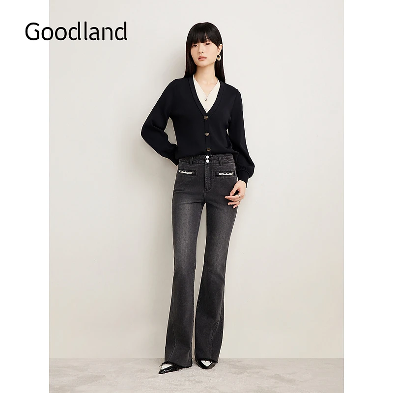 Goodland美地女装秋季法式优雅撞色V领假两件灯笼袖针织开衫