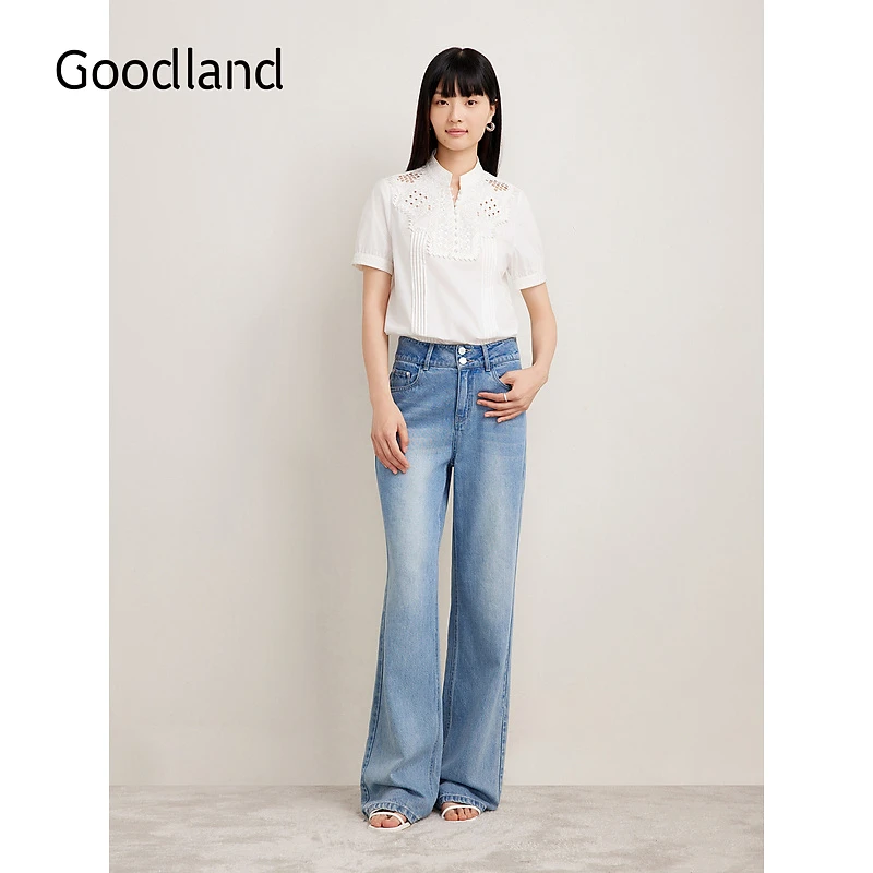 Goodland美地夏季新款法式镂空拼接刺绣风琴褶衬衫上衣