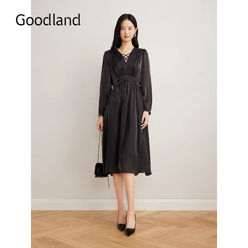Goodland美地2025春季海岛丝法式V领露腰气质连衣裙
