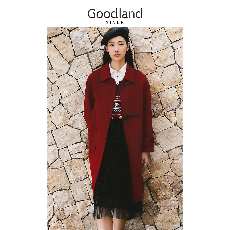 [新年红]Goodland美地女装2023冬季新款h型绵羊毛双面毛呢大衣