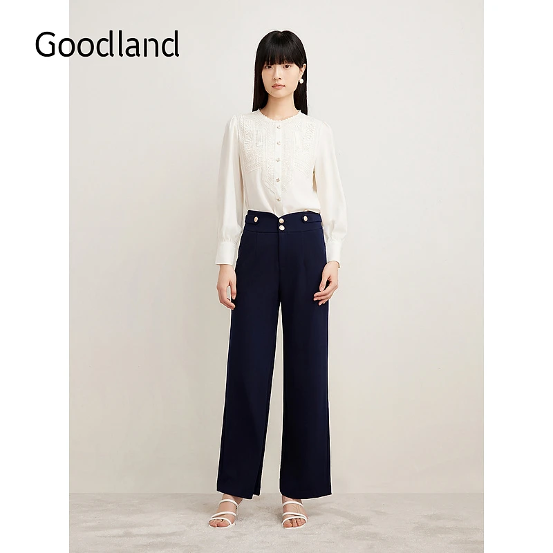 Goodland美地女装秋季法式钩花镂空蕾丝拼接圆领长袖衬衫上衣