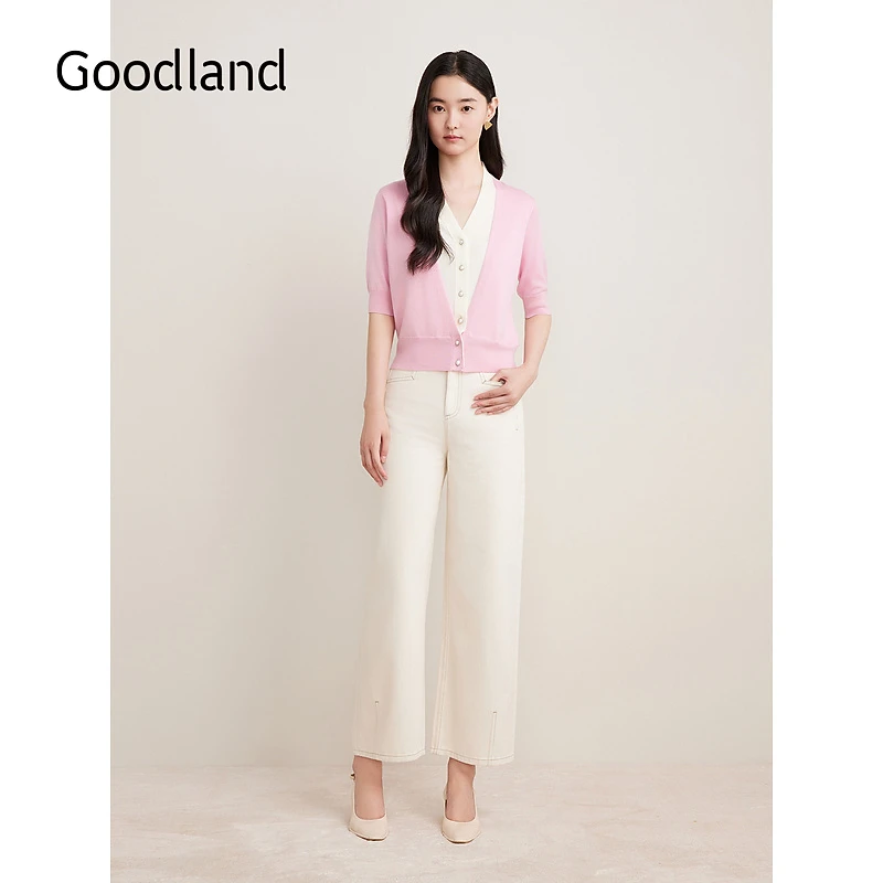 Goodland美地秋季新款V领假两件毛针织衫莱赛尔上衣毛衣