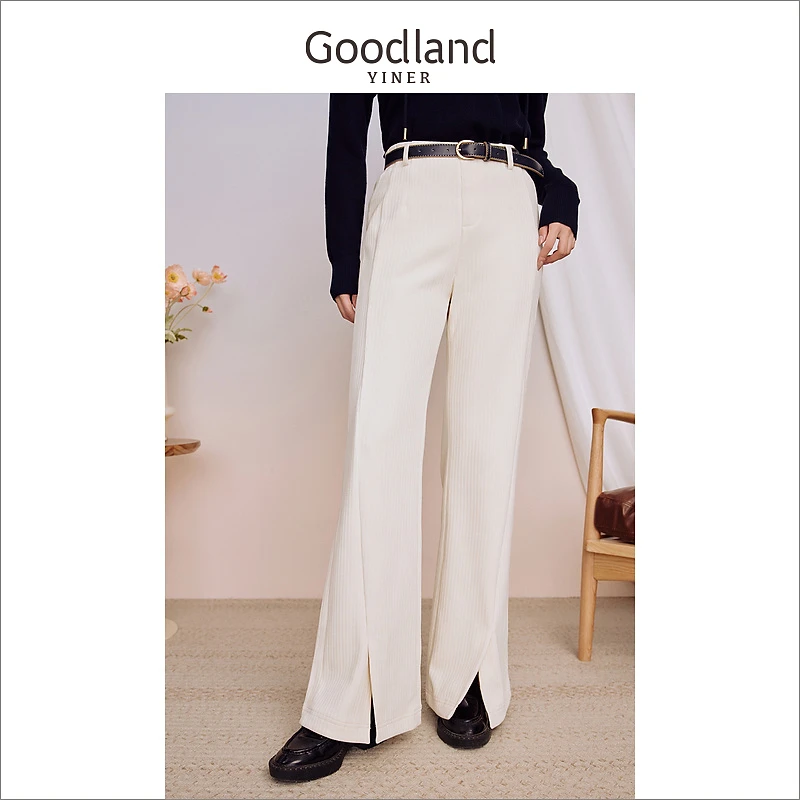 Goodland美地女装冬季竖纹理开衩休闲裤显瘦喇叭长裤