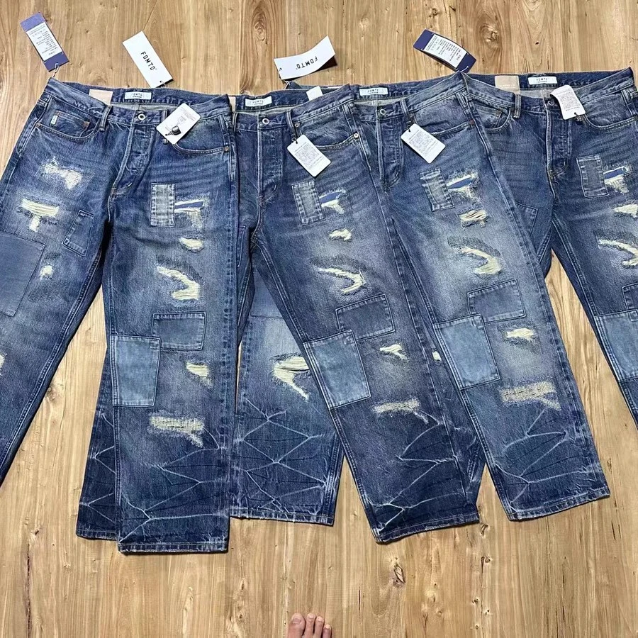 FDMTD新款重磅闪电喇子做旧宽松直筒宽松内华达水洗赤耳牛仔长裤