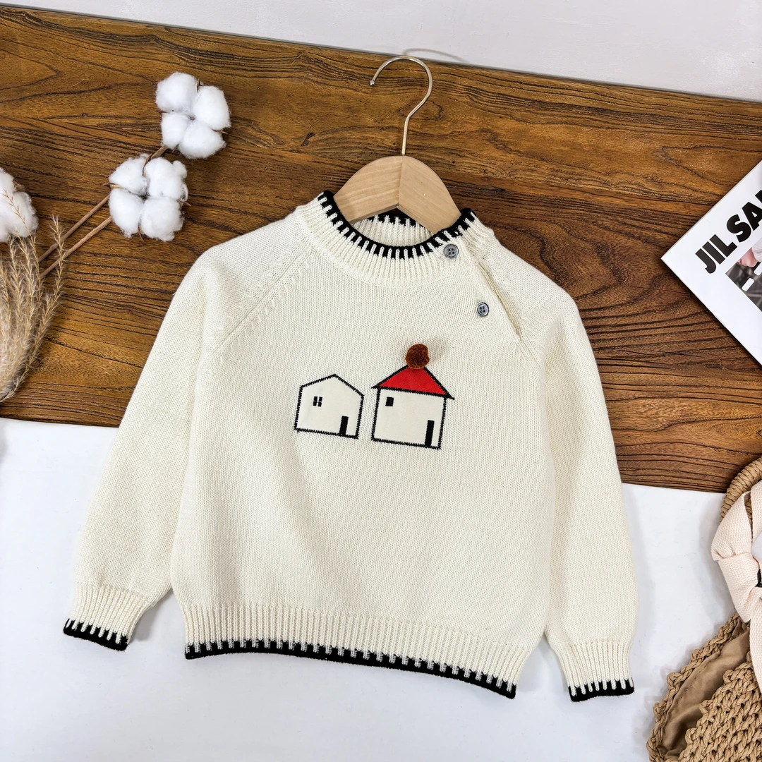 韩国女童撞色卡通针织衫毛衣中小童秋冬套头宝宝百搭加绒加厚毛衣