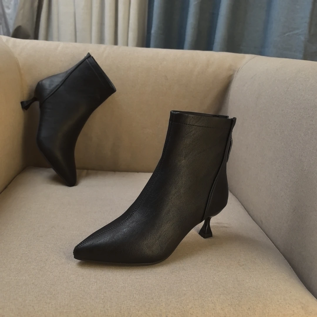 尖头低跟短靴时尚水钻通勤单靴气质加绒棉靴白色高跟鞋女秋冬裸靴