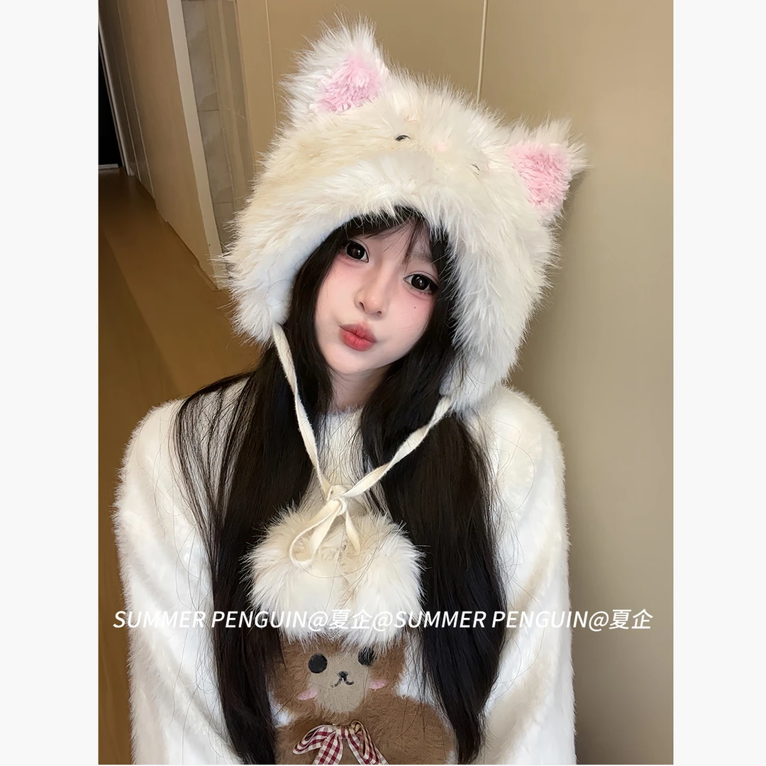 SUMMER PENGUIN联名卡通长毛绒小猫可爱毛线帽女秋冬护耳帽显脸小