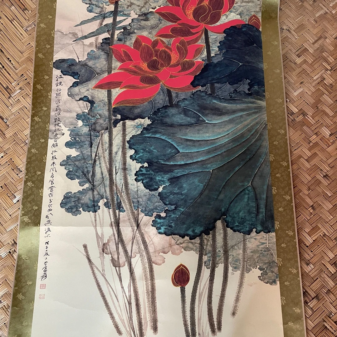 【言贤】  竖版金线荷花中堂  装饰画