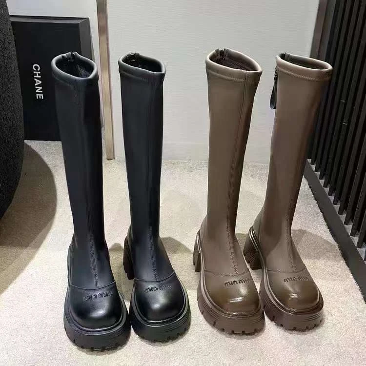 时尚粗跟骑士靴女2024款爆款洋气百搭过膝长靴弹力靴冬季英伦靴