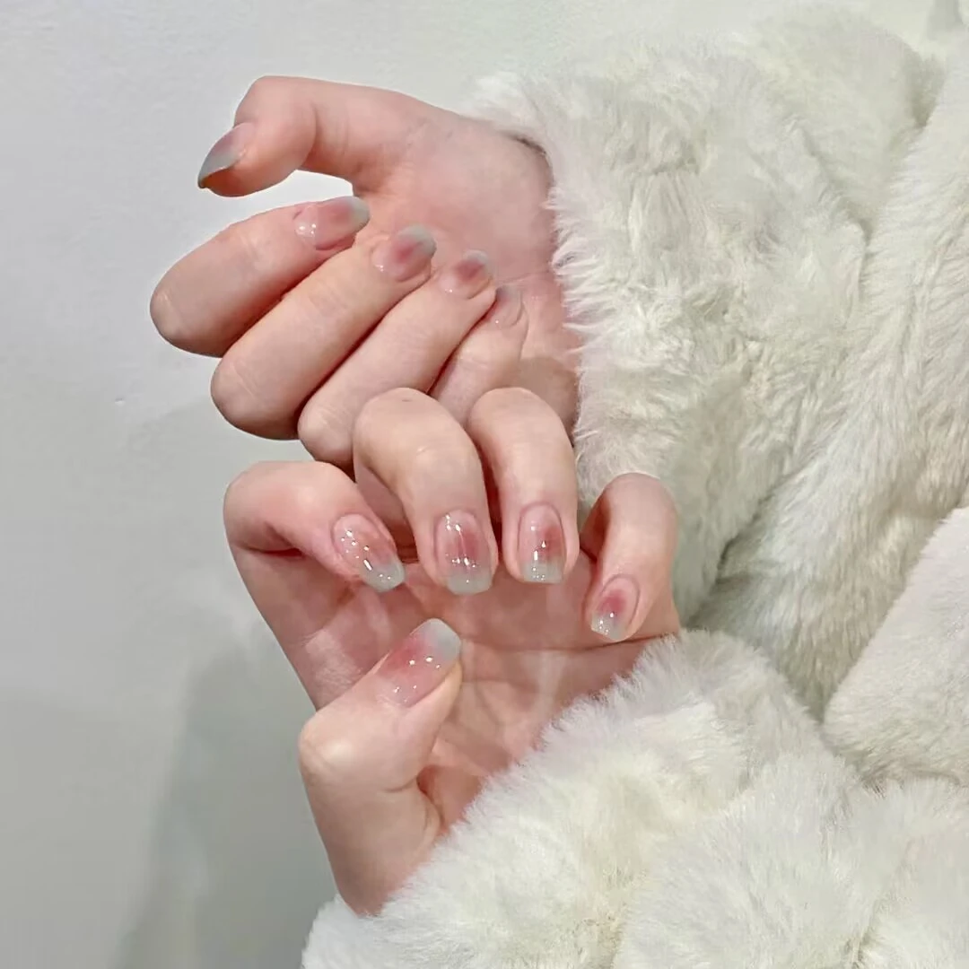 【短款】春日雾霾蓝法式腮红温柔甜美少女显白款成品穿戴美甲67