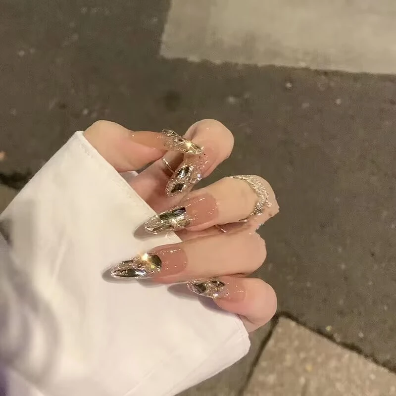 【中长款】富家千金手工闪钻香槟金气质显白成品穿戴美甲贴片414
