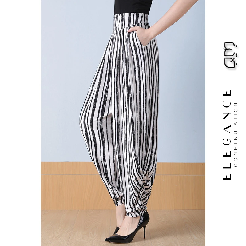夏季薄款宽松显瘦灯笼裤大码高腰高腰妈妈裤中老年气质哈伦裤条纹
