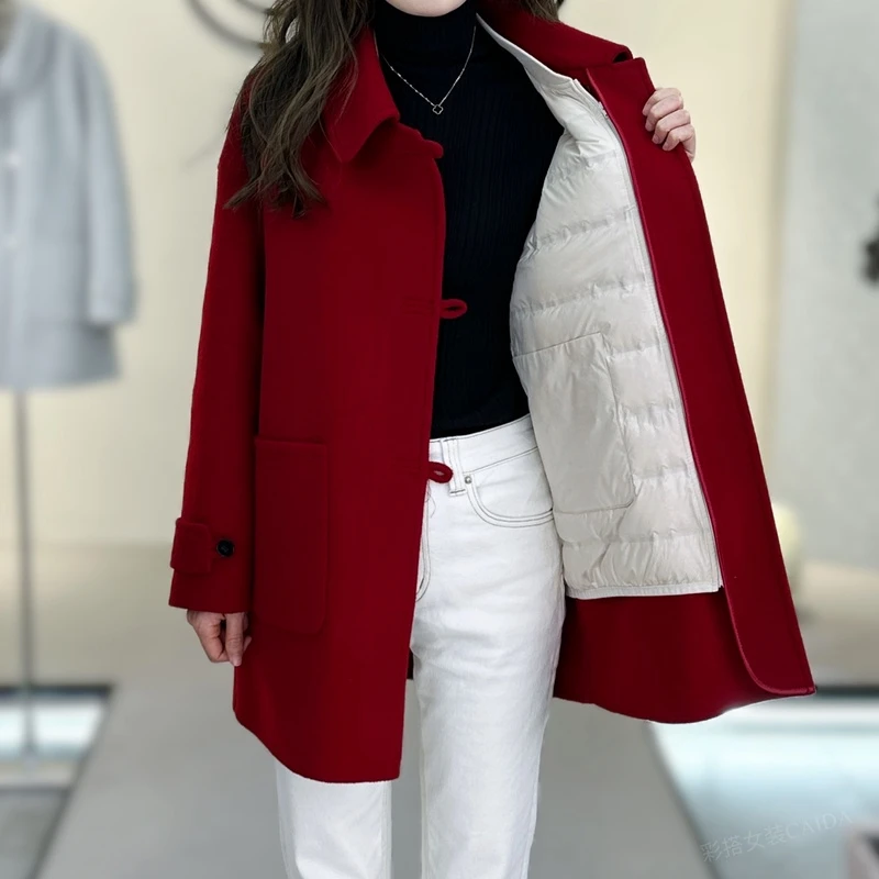 彩搭N581-简约女可拆卸内胆鹅绒秋冬时尚羽绒服羊毛毛呢外套1-11