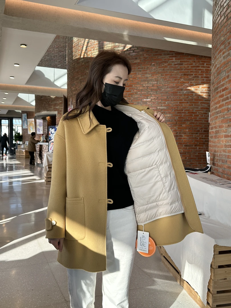 彩搭N581-简约女可拆卸内胆鹅绒秋冬时尚羽绒服羊毛毛呢外套2-4