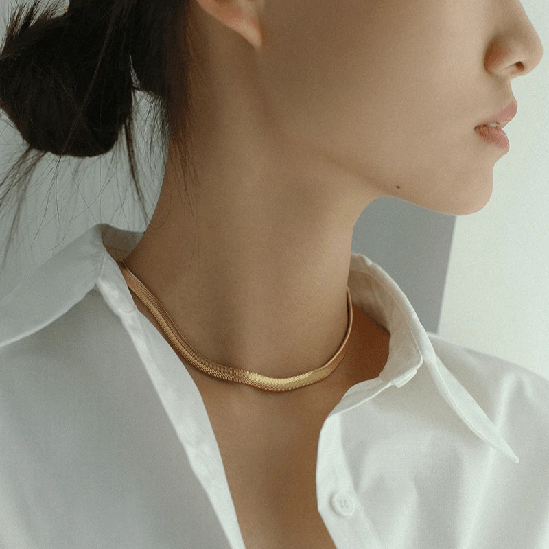 钛钢项链 气质复古金色立体式扁形蛇骨链素链轻奢百搭小众简约