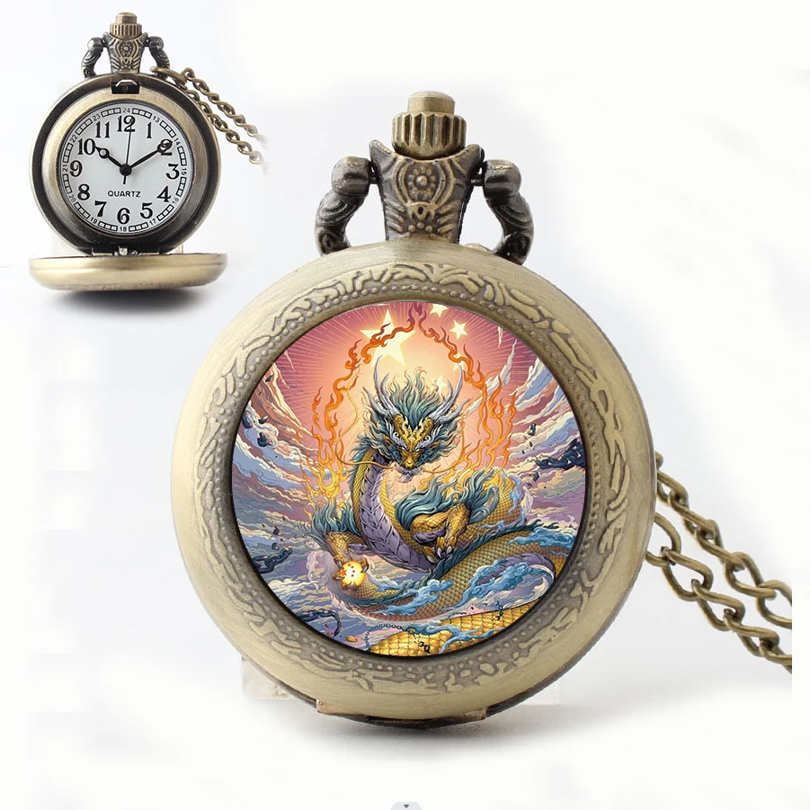复古十大瑞兽怀表翻盖石英表远古神兽神龙凤凰麒麟貔貅古铜项链表