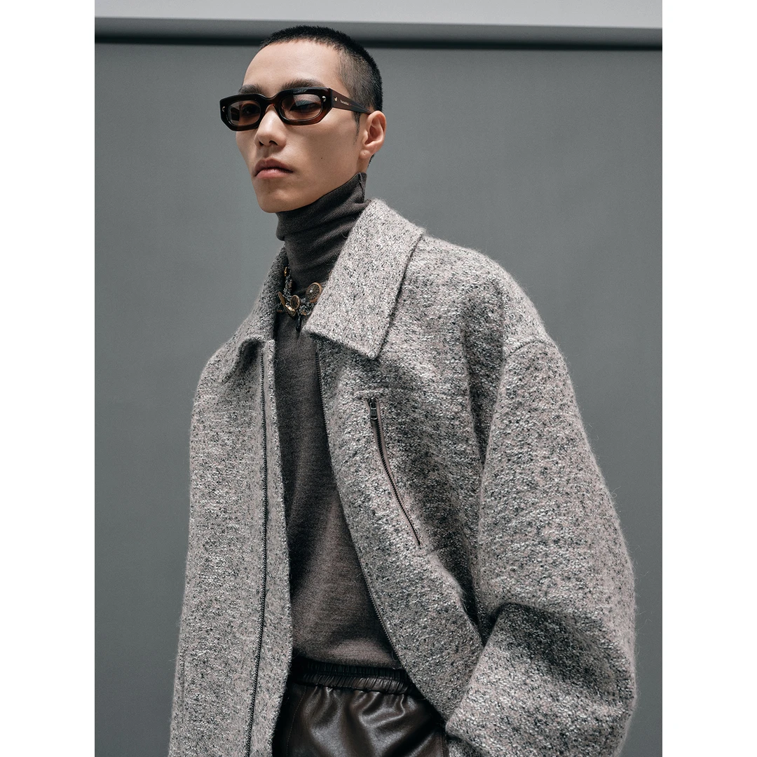 NANS STUDIO马海毛羊毛混纺混色纱肌理方领中长款廓形单面夹克