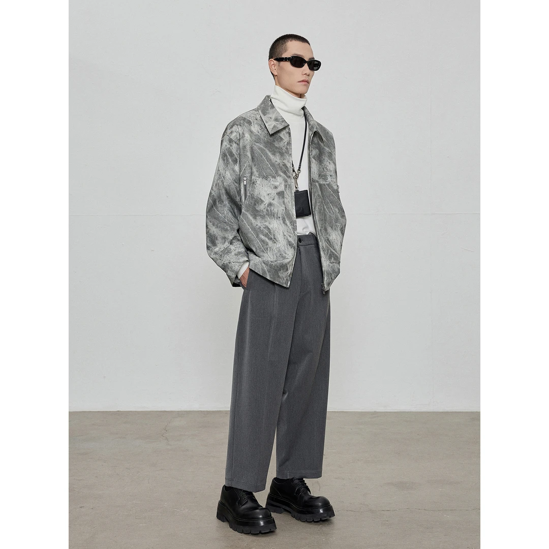 【NANS】扎染工艺复古泼墨晕染肌理叠片式多口袋设计休闲方领PU夹克