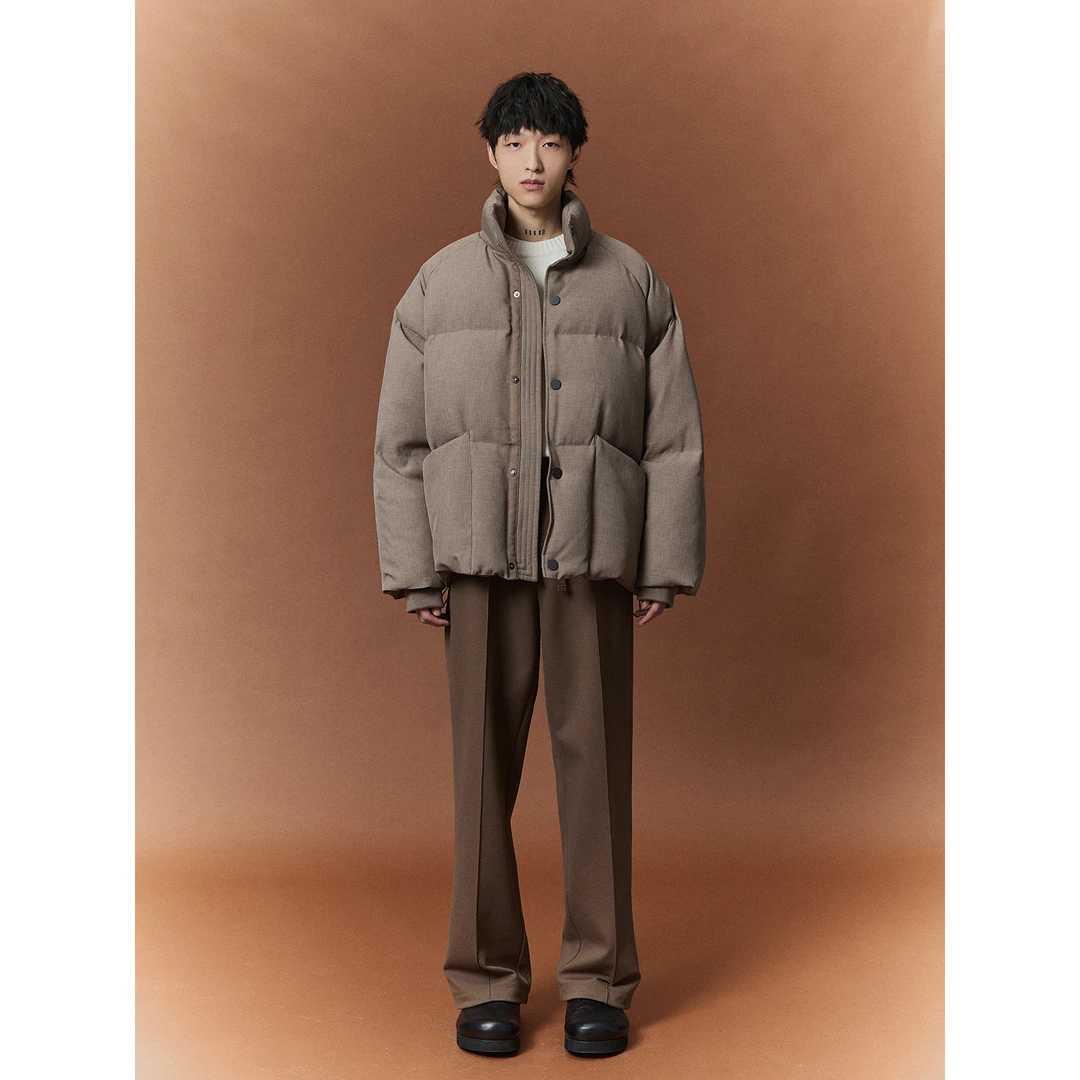 【NANS】精纺毛感混色斜纹肌理插肩袖宽绗线重磅高领羽绒面包夹克