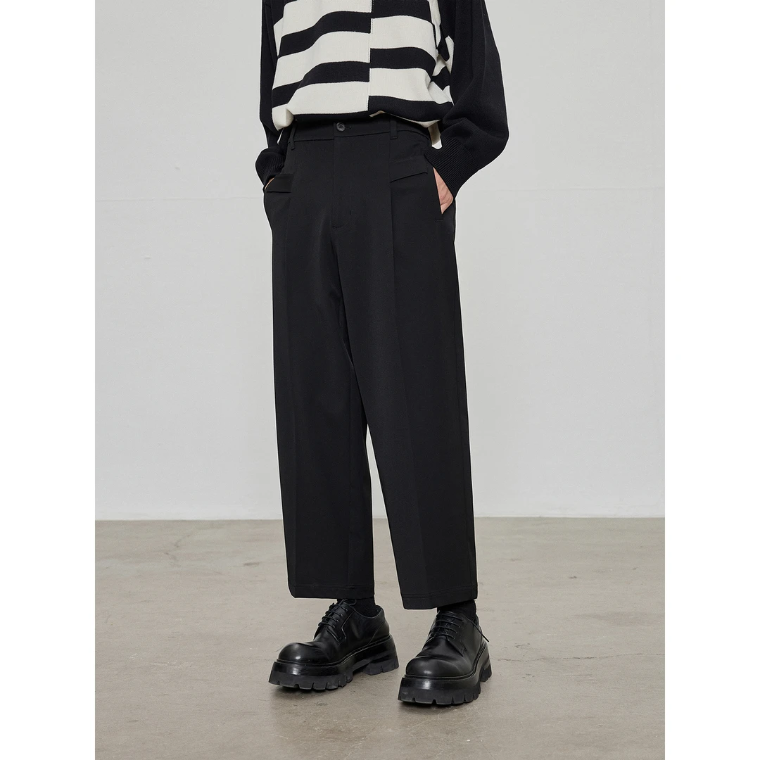 重磅高密色纺经典单褶裥挺缝线松紧腰垂坠舒弹休闲九分裤 NS7H17