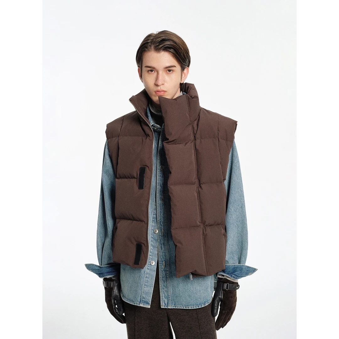 NANS STUDIO复合尼龙宽型双层门襟方格绗缝连身高领短款羽绒马甲