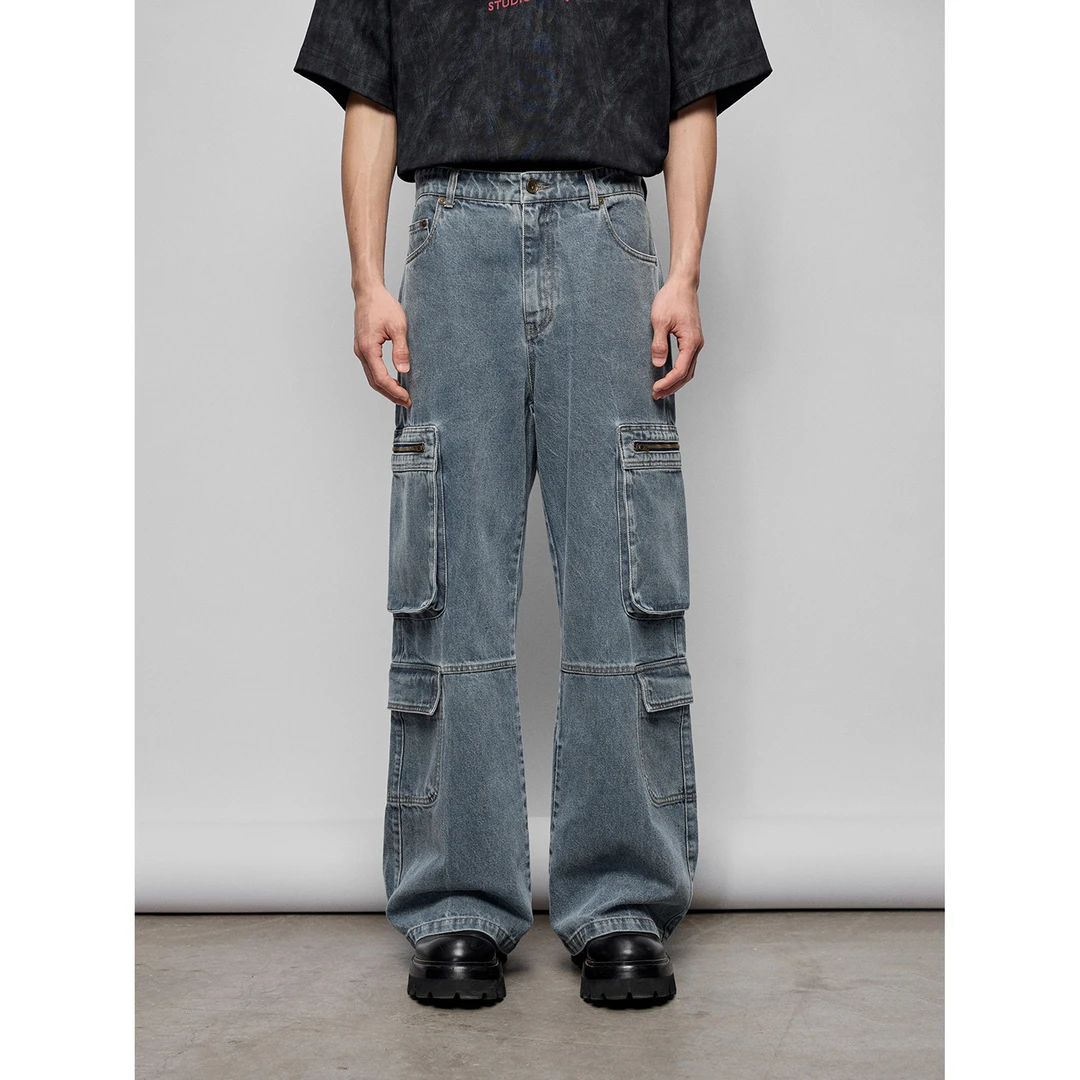【NANS】12OZ复古石纹做旧水洗分割拼接工装风多口袋直筒牛仔长裤