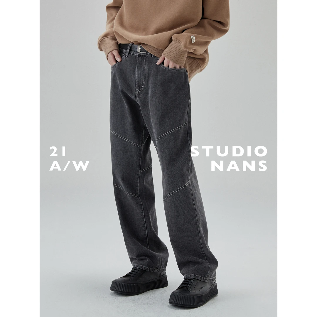 NANS STUDIO14OZ重磅烟黑做旧水洗牛仔前后撞色绗线分割直筒长裤