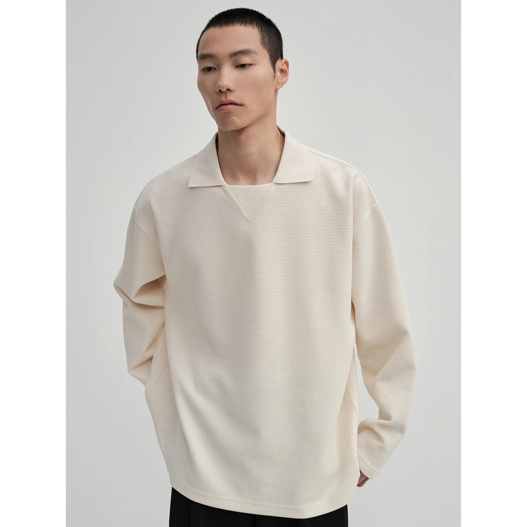 NANS 330G重磅棉混纺华夫格纹理三角拼接方领廓形长袖TEE NS8A11