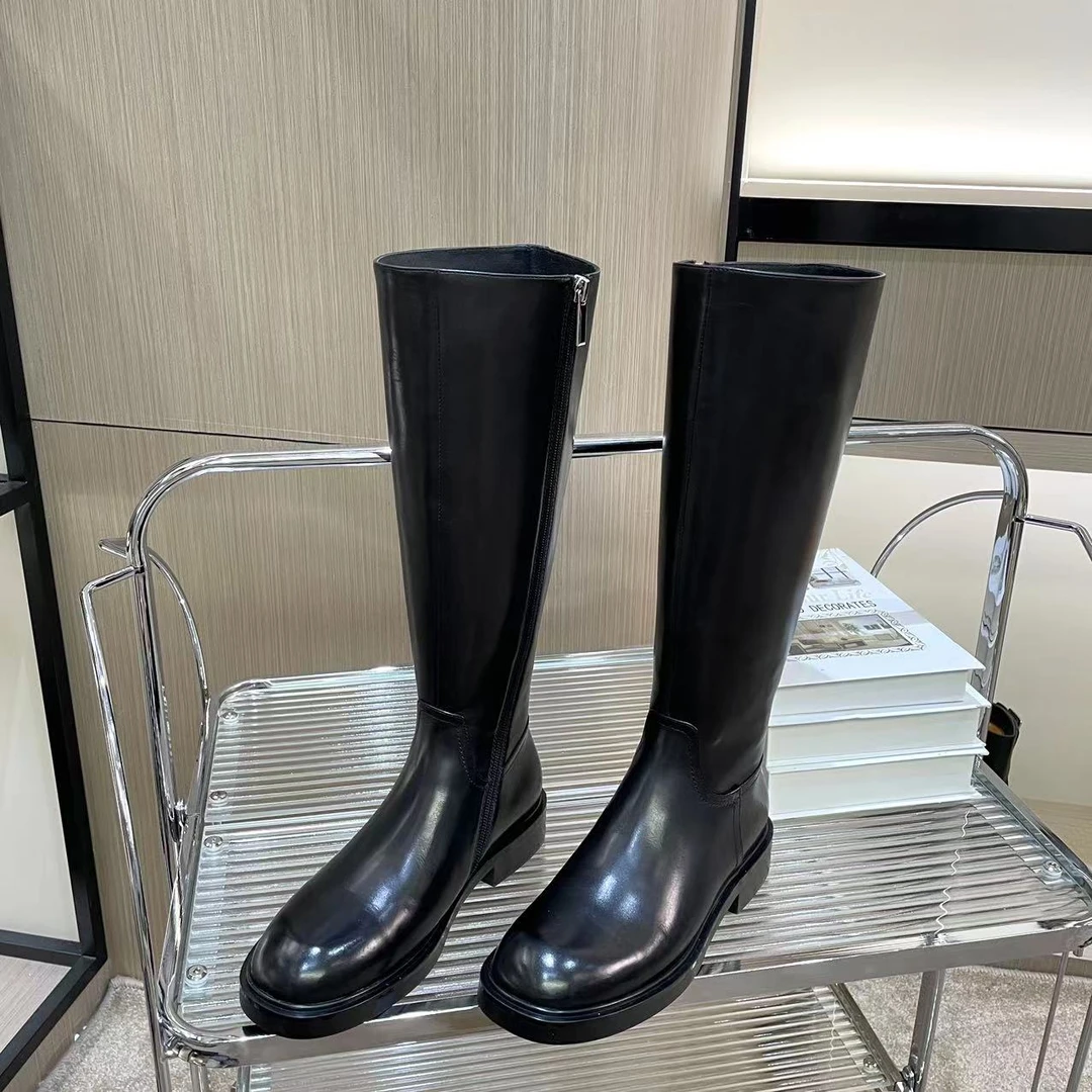 2024秋冬新款欧货时尚百搭圆头低跟侧拉链显瘦骑士靴女9912