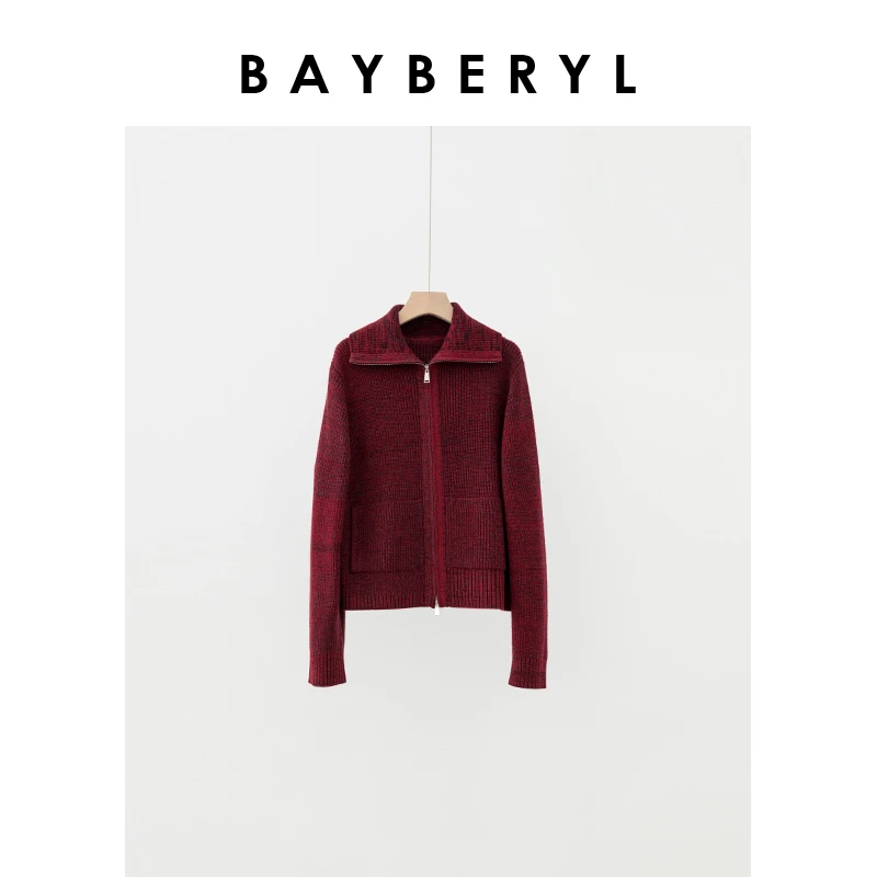 停售-BAYBERYL老贝霓裳*花纱红翻领拉链休闲秋针织开衫ZZS4I1304