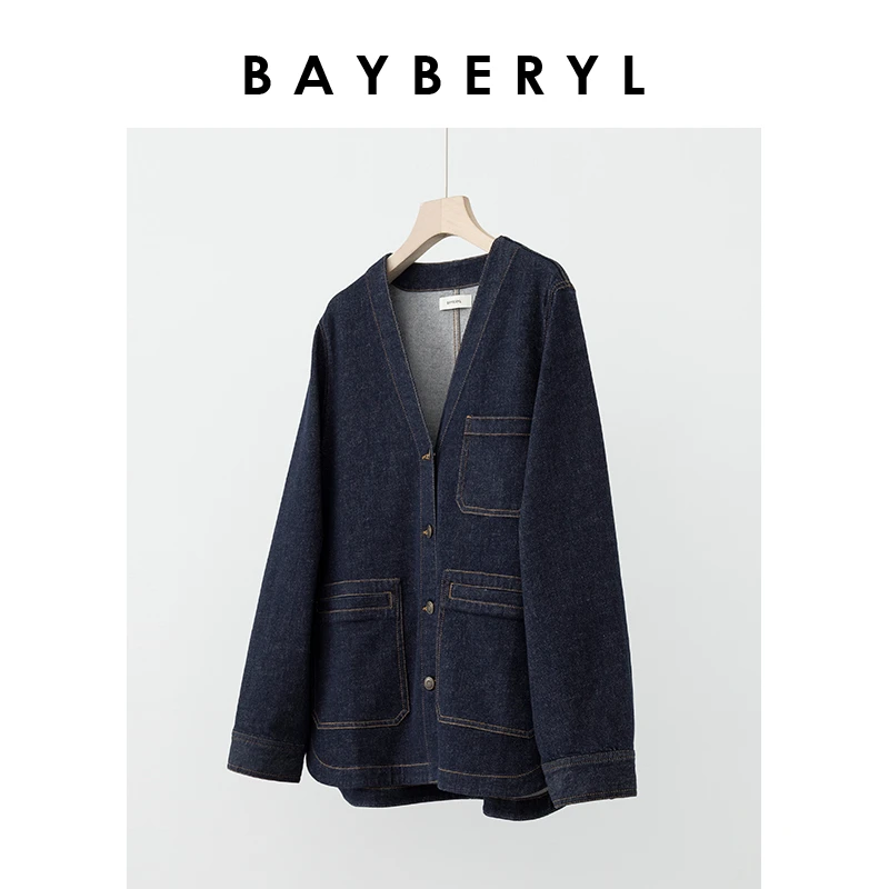 BAYBERYL老贝玲*小禾深蓝V领休闲宽松牛仔外套MF4B2803-3/21