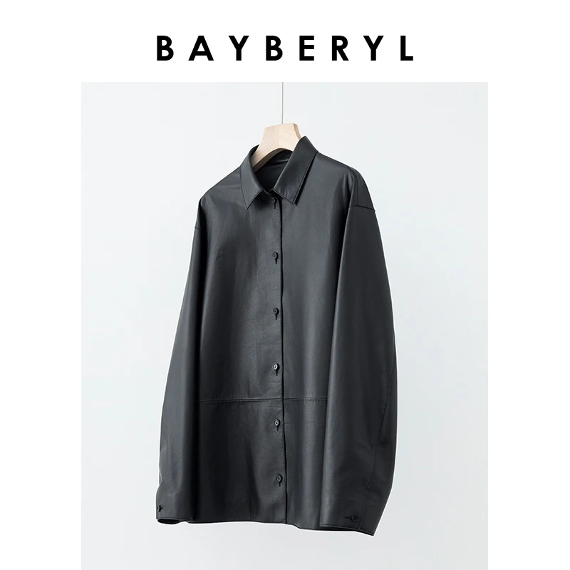 Z7- BAYBERYL老贝衬衫款黑色分割翻领简约24春皮衣外套PY3L2006