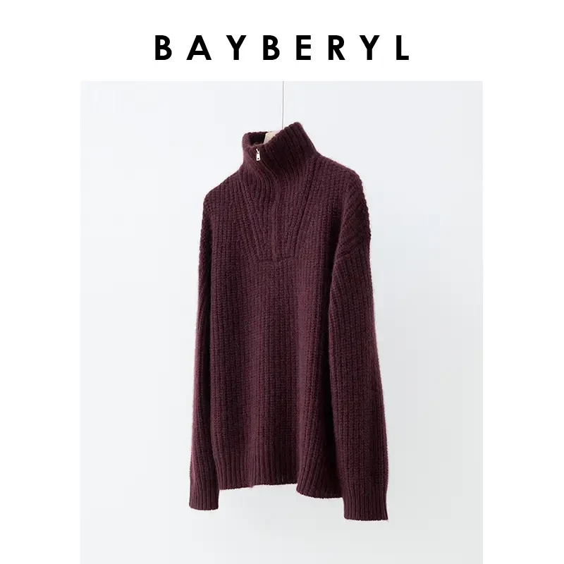 BAYBERY老贝彩玉紫红翻领拉链宽松显白针织衫ZZS3K2402