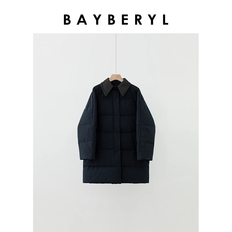 Z6-BAYBERYL老贝藏青拼皮翻领排扣百搭秋冬长袖羽绒服YRF4K2201-