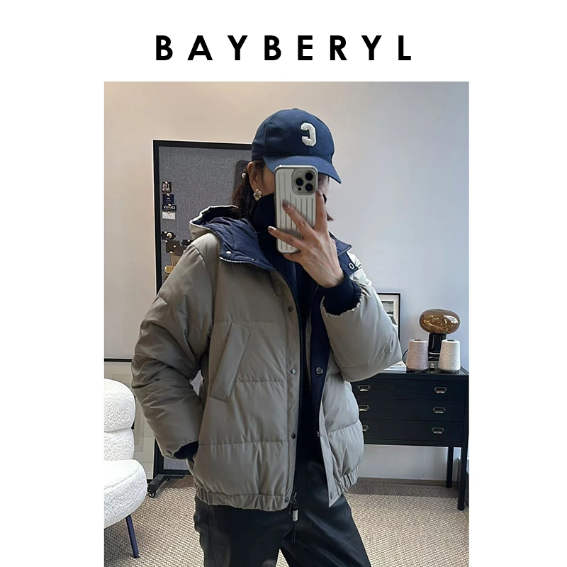 BAYBERYL老贝短款褐灰针织拼接百搭冬连帽羽绒服YRF4J0823-11/10