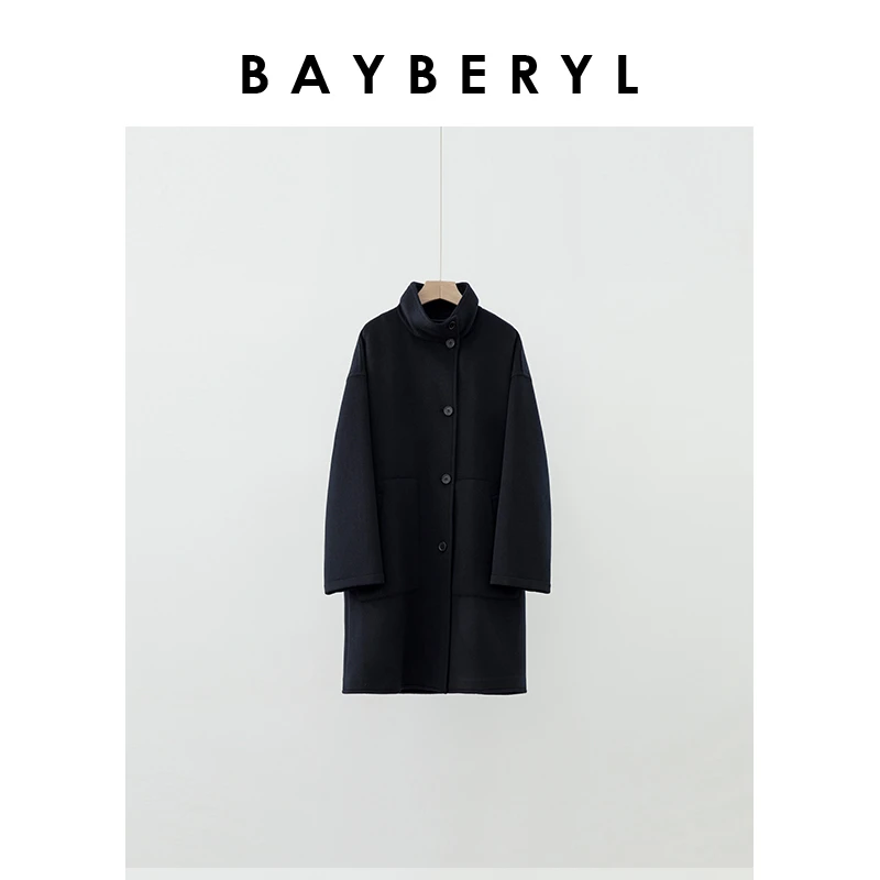 Z6-BAYBERYL老贝知青*通勤藏青立领单排扣冬毛呢大衣MF4K2205