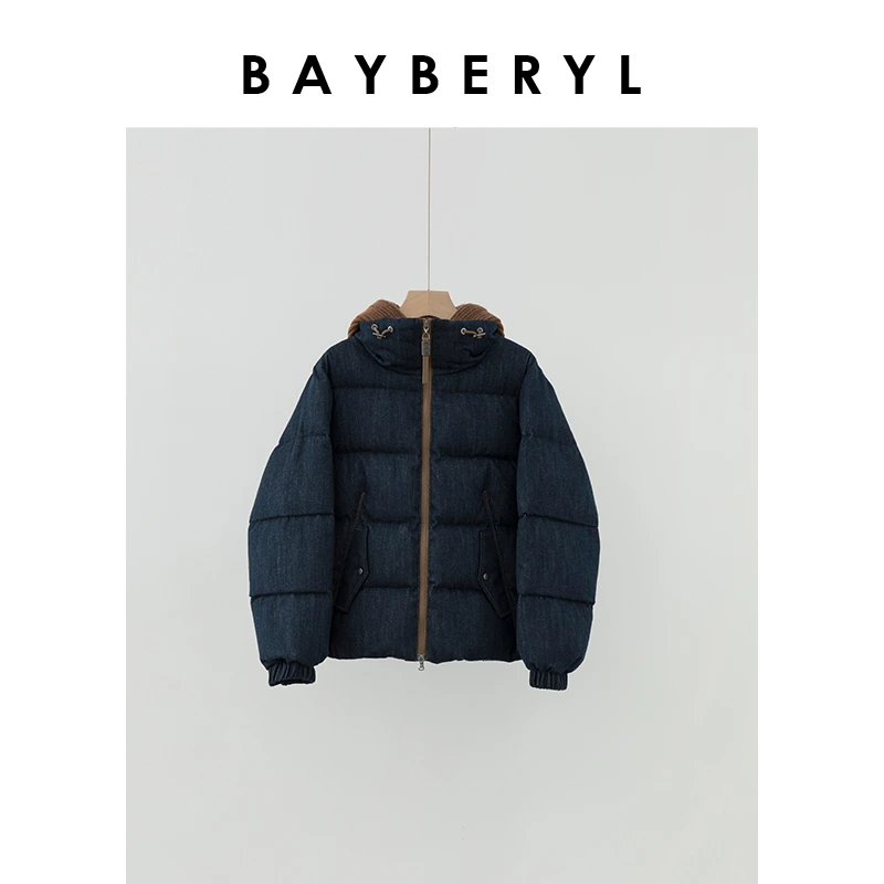 BAYBERYL老贝牛仔BC假两件细闪针织连帽冬羽绒服YRF4H1041-10/6
