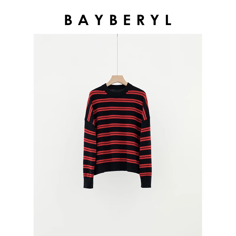 停售-BAYBERYL老贝红妙妙*撞色圆领学院时尚条纹针织衫ZZS4H2404